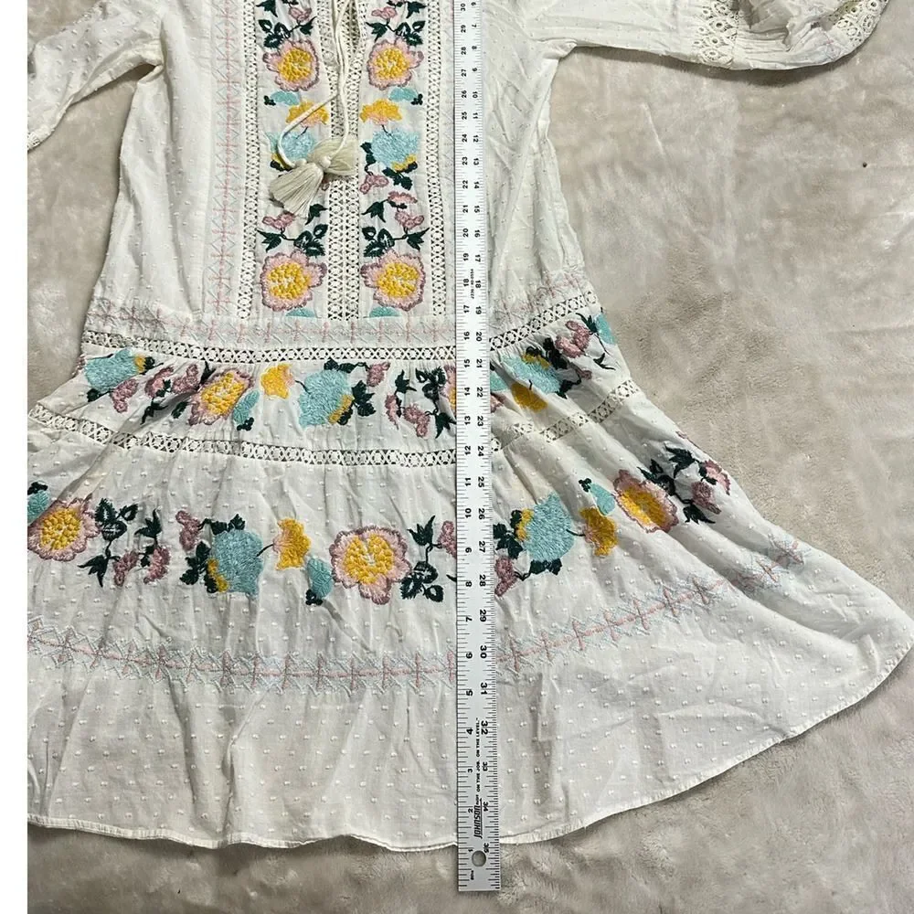Tory Burch Mini Dress Women's XS White Blue Embroidered Boho Long Sleeve V-Neck
